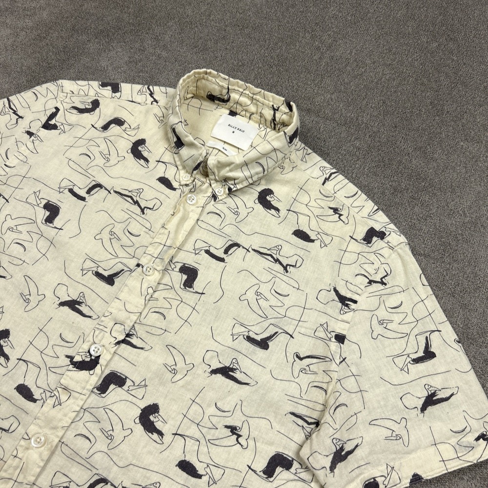 Billy Reid Shirt Mens Medium Slim Linen Blend Button Up AOP Birds Summer Casual